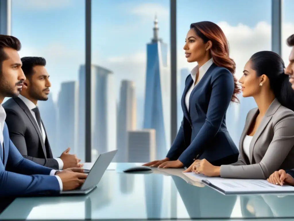 Profesionales latinos innovando en oficina moderna Profesionales discuten estrategias de inversión inmobiliaria en oficina moderna de América Latina