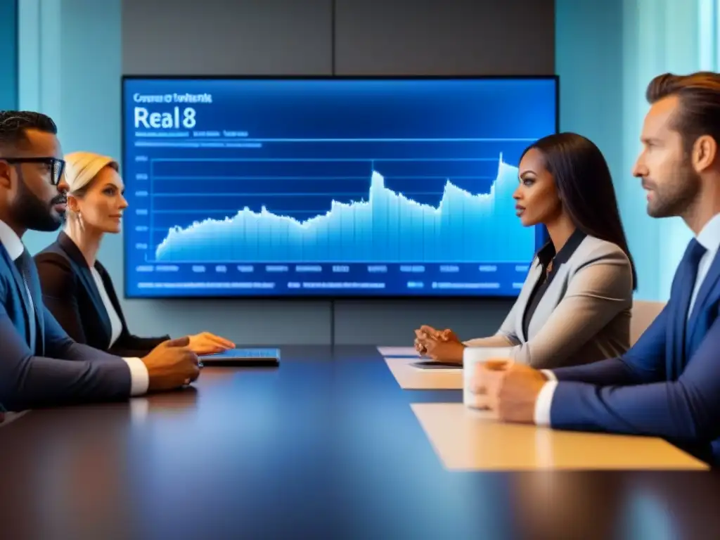 Profesionales debatiendo estrategias inmobiliarias en sala moderna Profesionales discuten estrategias de inversión inmobiliaria, mostrando sofisticación y conocimiento en regulaciones fiscales