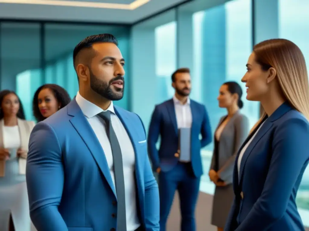 Expertos en inversión inmobiliaria: colaboración e innovación Profesionales discuten estrategias de inversión inmobiliaria en mercado emergente, ambiente moderno y colaborativo