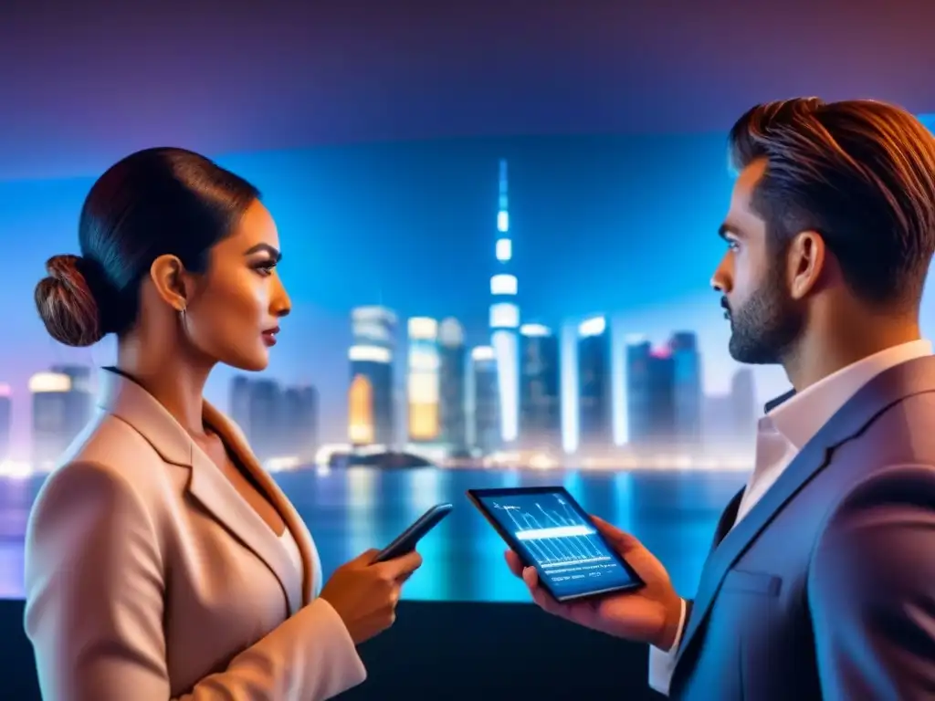 Innovación PropTech en la ciudad del futuro Profesionales debaten estrategias de inversión en PropTech internacional, en una ciudad futurista iluminada por neones