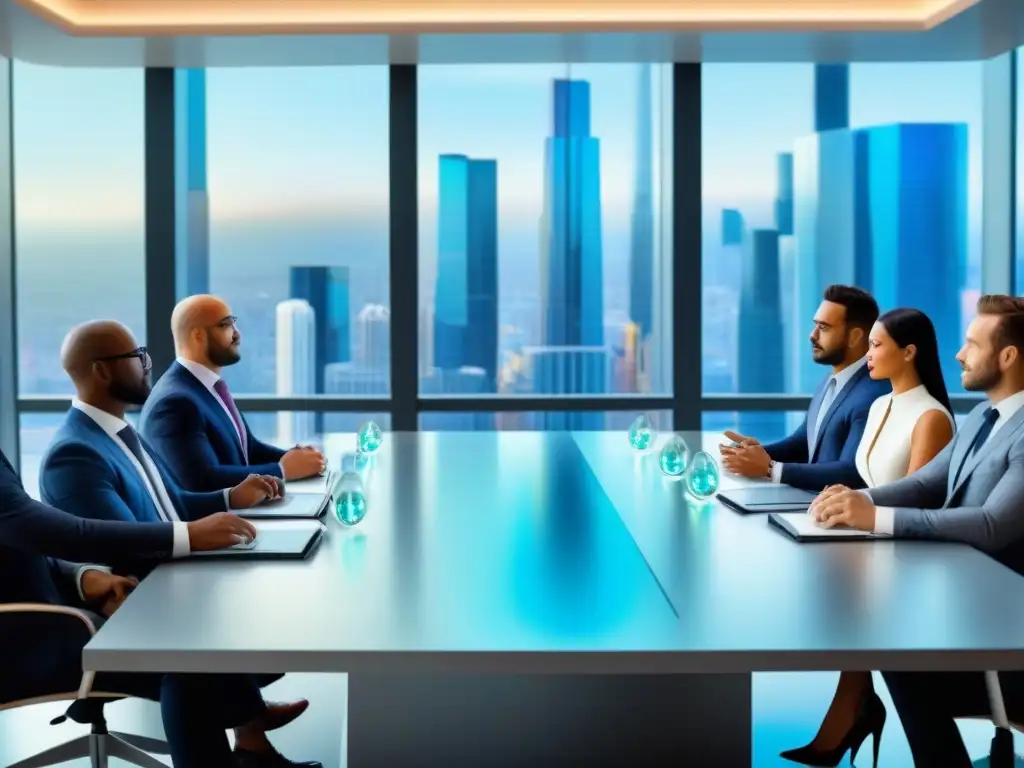 Profesionales de negocios en reunión estratégica en ciudad vibrante Profesionales debatiendo estrategias de inversión en mercado inmobiliario internacional en moderna sala de reuniones en ciudad vibrante