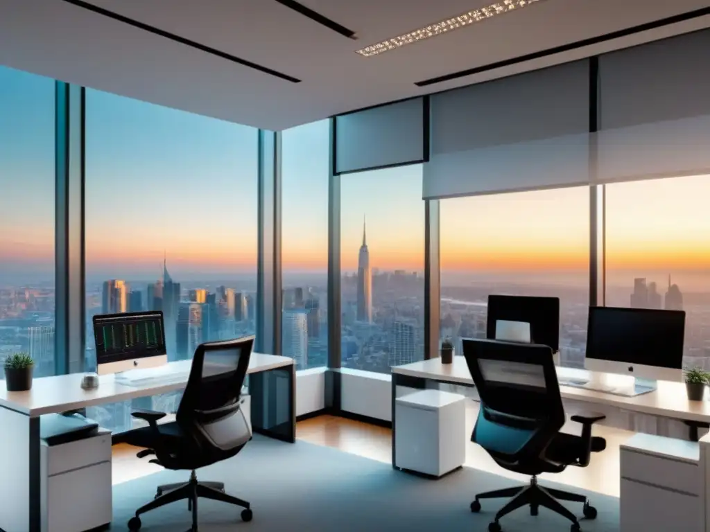 Oficina moderna con vista urbana para estrategias inmobiliarias Profesionales discuten estrategias de inversión tecnológica inmobiliaria para principiantes en moderna oficina con vista a la ciudad
