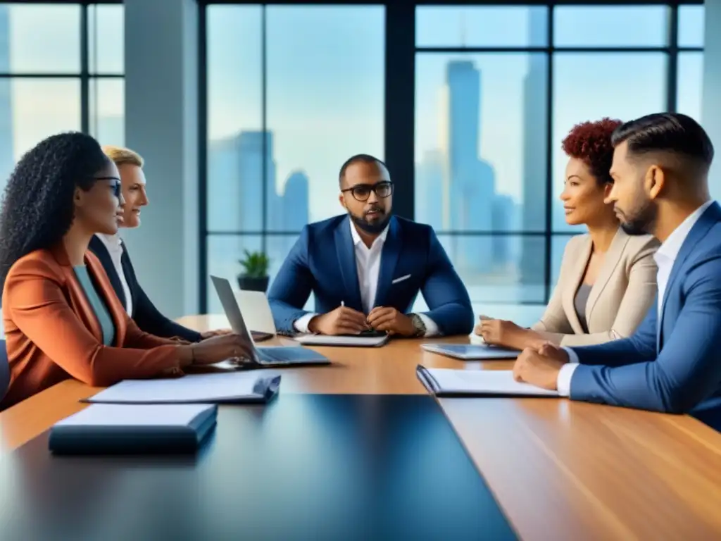Profesionales discuten estrategias de inversiones inmobiliarias éticas internacionales en moderna oficina sostenible
