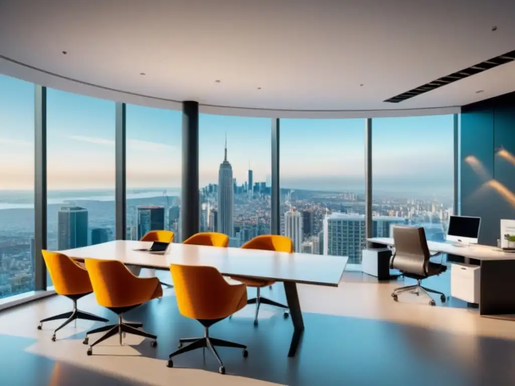 Oficina moderna y multicultural en ciudad internacional Profesionales discuten estrategias de marketing inmobiliario internacional y cultura en moderna oficina con vista a ciudad vibrante