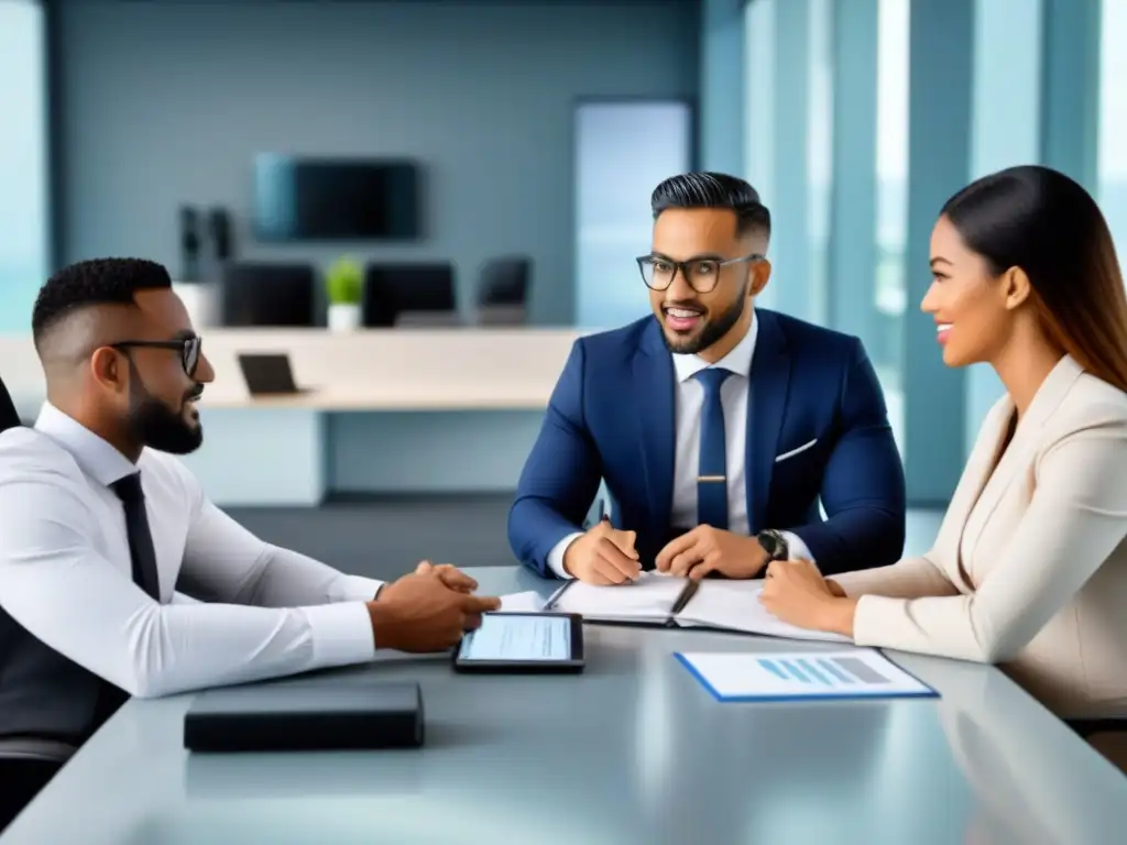 Reunión profesional diversa en oficina moderna Profesionales diversos discuten estrategias de pago anticipado hipoteca extranjero en oficina moderna y elegante