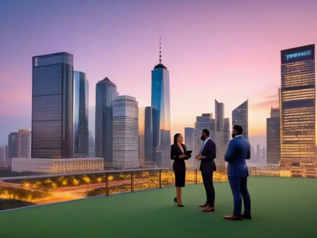Skyline urbano al atardecer: innovación y resiliencia en inversión inmobiliaria Profesionales debaten estrategias con planos y tabletas en mano frente a modernos rascacielos iluminados al anochecer, en una ciudad bulliciosa
