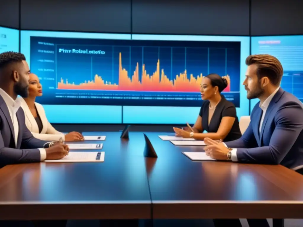 Profesionales en reunión estratégica evaluando estrategias de salida en inversión inmobiliaria Profesionales evaluando estrategias de salida inversión inmobiliaria en moderna sala de juntas