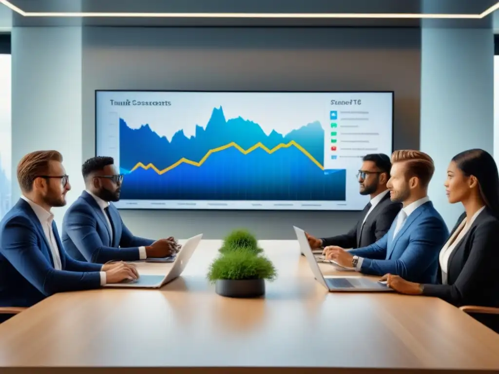 Oficina moderna y diversa: estrategias de inversión internacional Profesionales discuten estrategias de seguro inversión mercado internacional en oficina moderna con vista a la ciudad