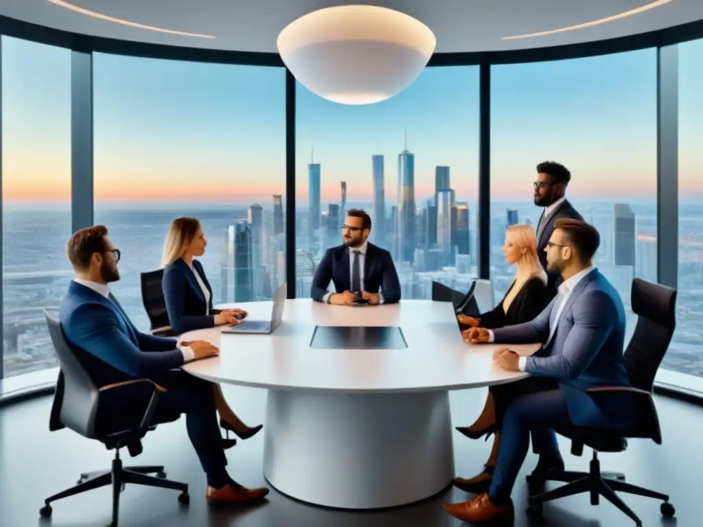 Profesionales expertos en oficina moderna debaten estrategias de inversión Profesionales estratégicos en oficina moderna, colaborando en ambiente tecnológico, simbolizando protección derechos propiedad mercado inmobiliario