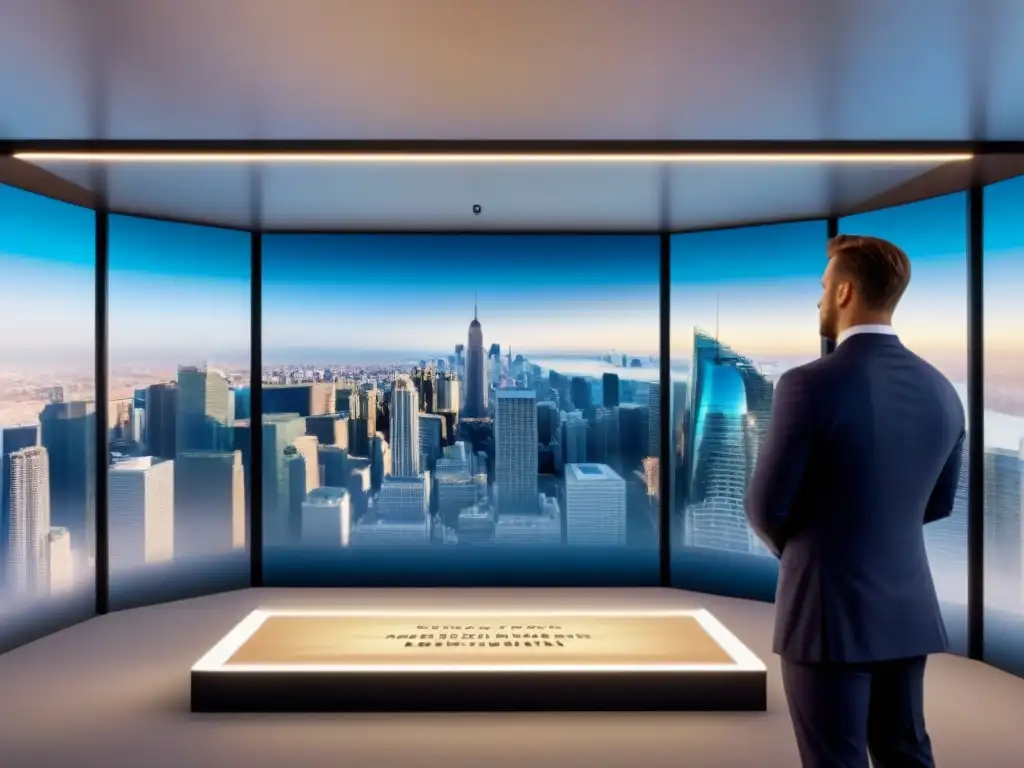 Exhibición Inmobiliaria Global: Futurismo y Tecnología en 8k Profesionales en evento de branding inmobiliario global en exposición moderna futurista con tecnología de vanguardia