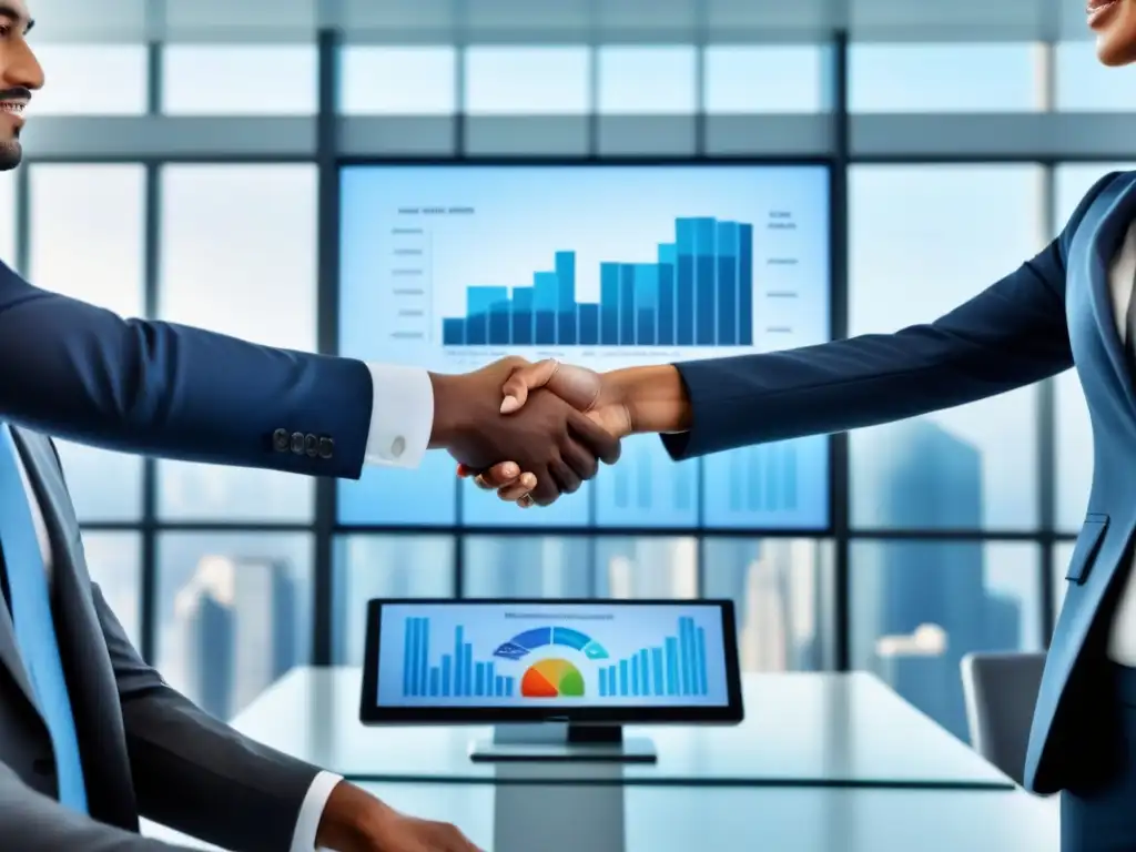 Profesionales exitosos en moderna oficina Profesionales exitosos se saludan en una oficina moderna, resaltando la importancia de los derechos de propiedad en inversiones internacionales