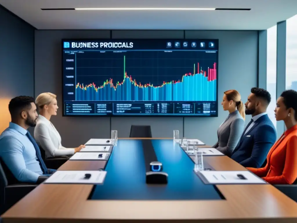 Reunión estratégica de profesionales en sala moderna Profesionales exitosos en reunión estratégica de mercado internacional en sala moderna y dinámica con gráficos digitales