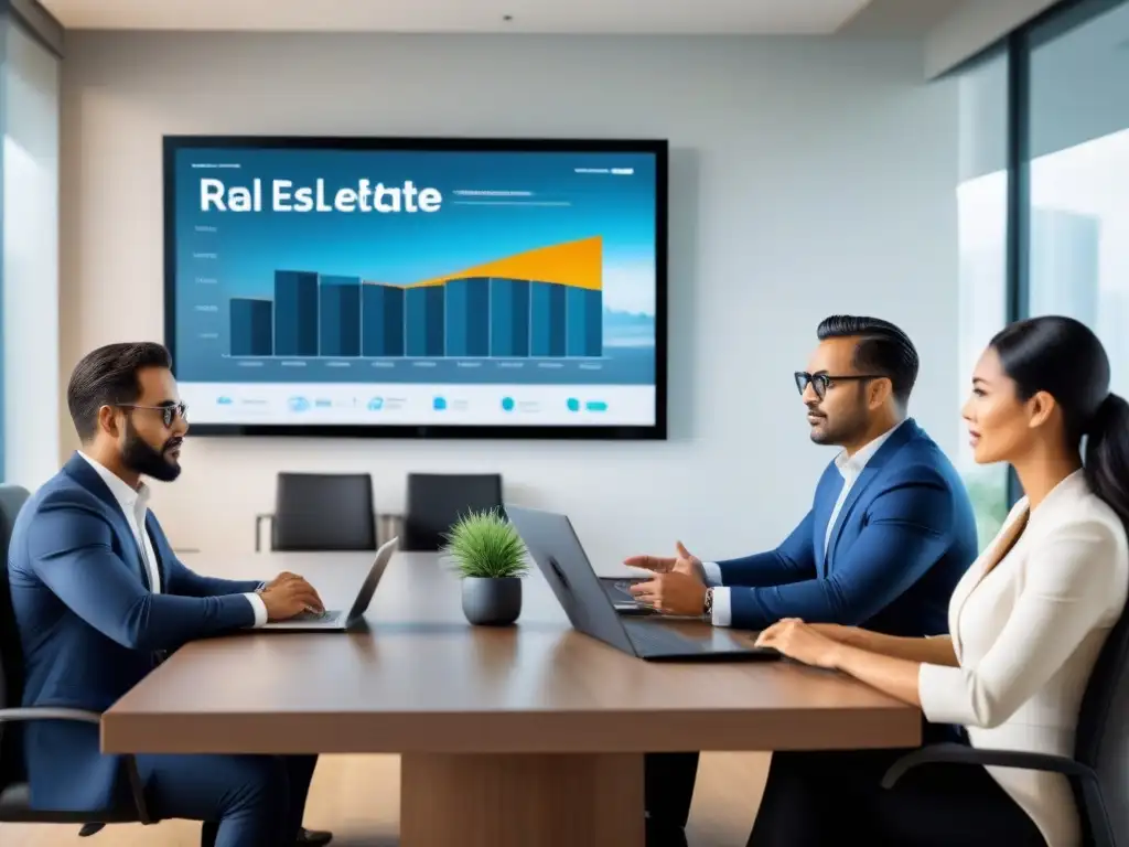 Profesionales discutiendo financiamiento inmobiliario en México Profesionales discuten financiamiento inmobiliario en México en moderna sala de juntas iluminada y elegante