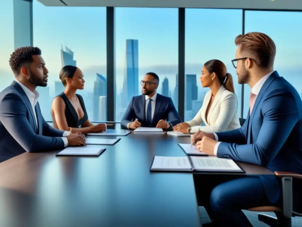 Profesionales debaten aspectos legales y fiscales en reunión de inversión Profesionales discuten financiamiento residencial para inversores en sala moderna con vista urbana