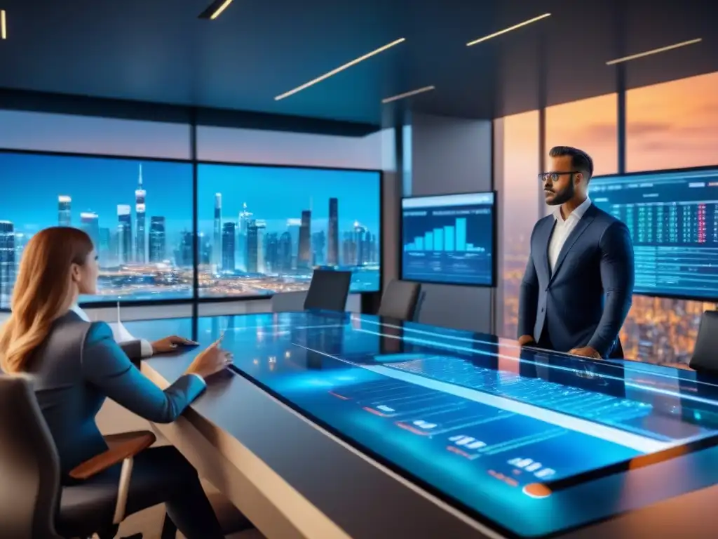 Profesionales financieros analizan tasas de interés hipotecarias en sala de juntas futurista Profesionales financieros analizan tasas de interés hipotecarias en sala de juntas futurista con vistas a la ciudad