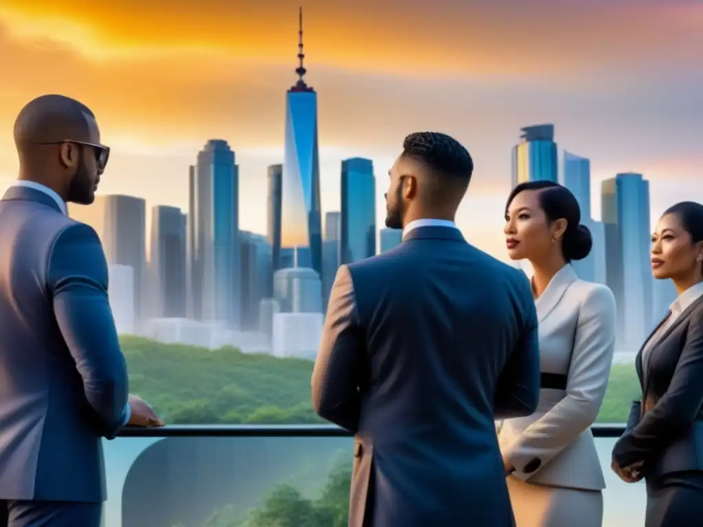 Profesionales diversos discuten frente a un desarrollo inmobiliario moderno, reflejando la ciudad al atardecer