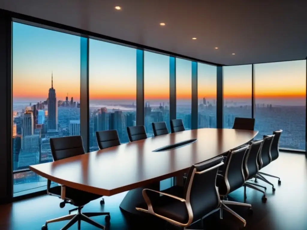 Negociaciones inmobiliarias internacionales exitosas en moderna sala de juntas con vista panorámica Profesionales negocian fusiones en mercado inmobiliario internacional en moderna sala de juntas con vista panorámica de la ciudad