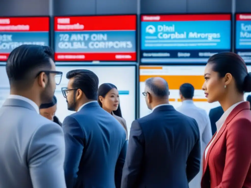 Inversiones internacionales: diversificación con hipotecas Profesionales analizan gráficos de la bolsa en un distrito financiero, resaltando la diversificación con hipotecas para inversiones internacionales