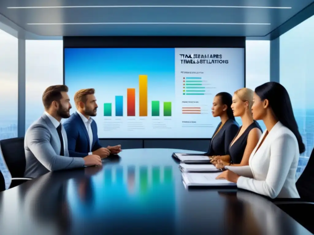Profesionales discuten gráficos financieros en moderna oficina Profesionales discuten gráficos financieros en sala de conferencias moderna con vista a la ciudad