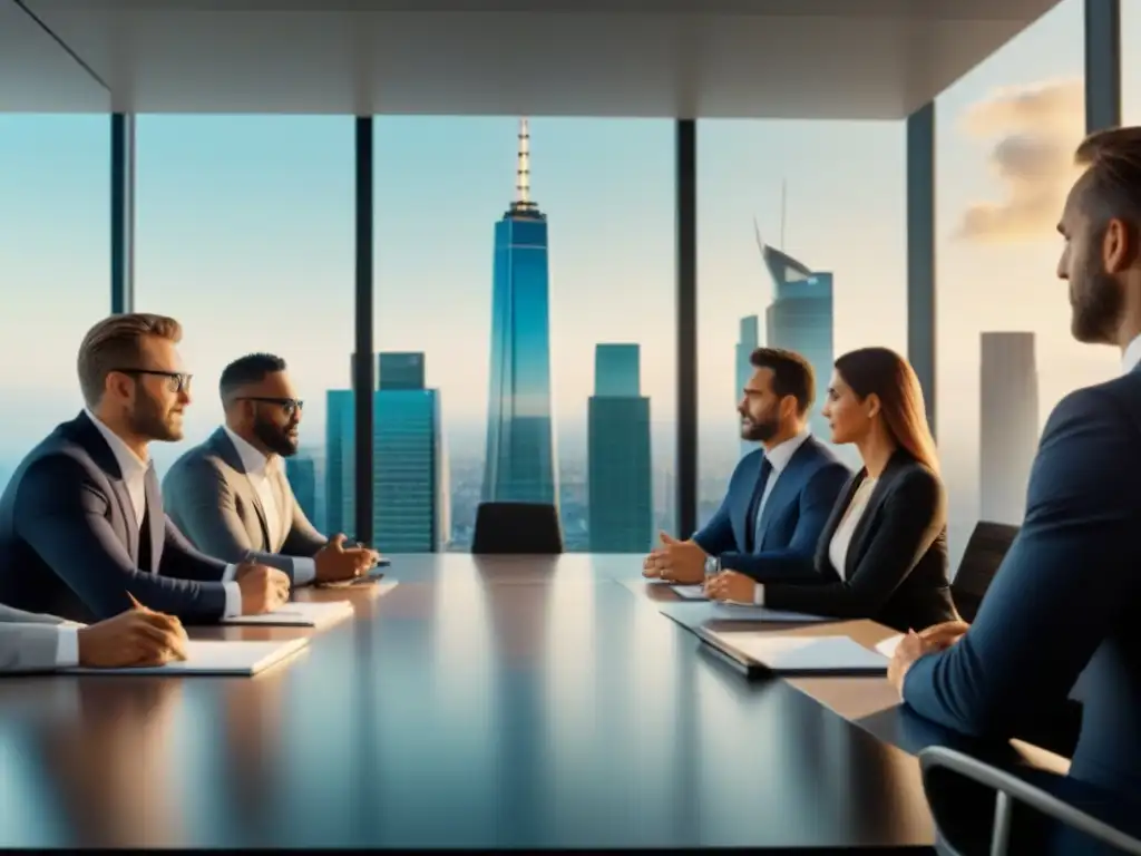 Profesionales expertos debatiendo en oficina moderna Profesionales analizan herencia propiedades extranjero legal en moderna oficina con vista panorámica