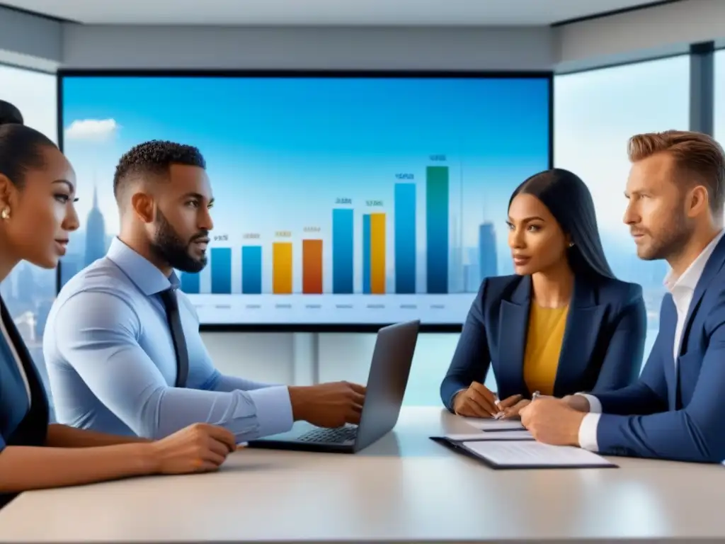 Reunión profesional diversa: análisis financiero en la ciudad Profesionales diversos discuten historial crediticio internacional en moderna oficina con vista a la ciudad