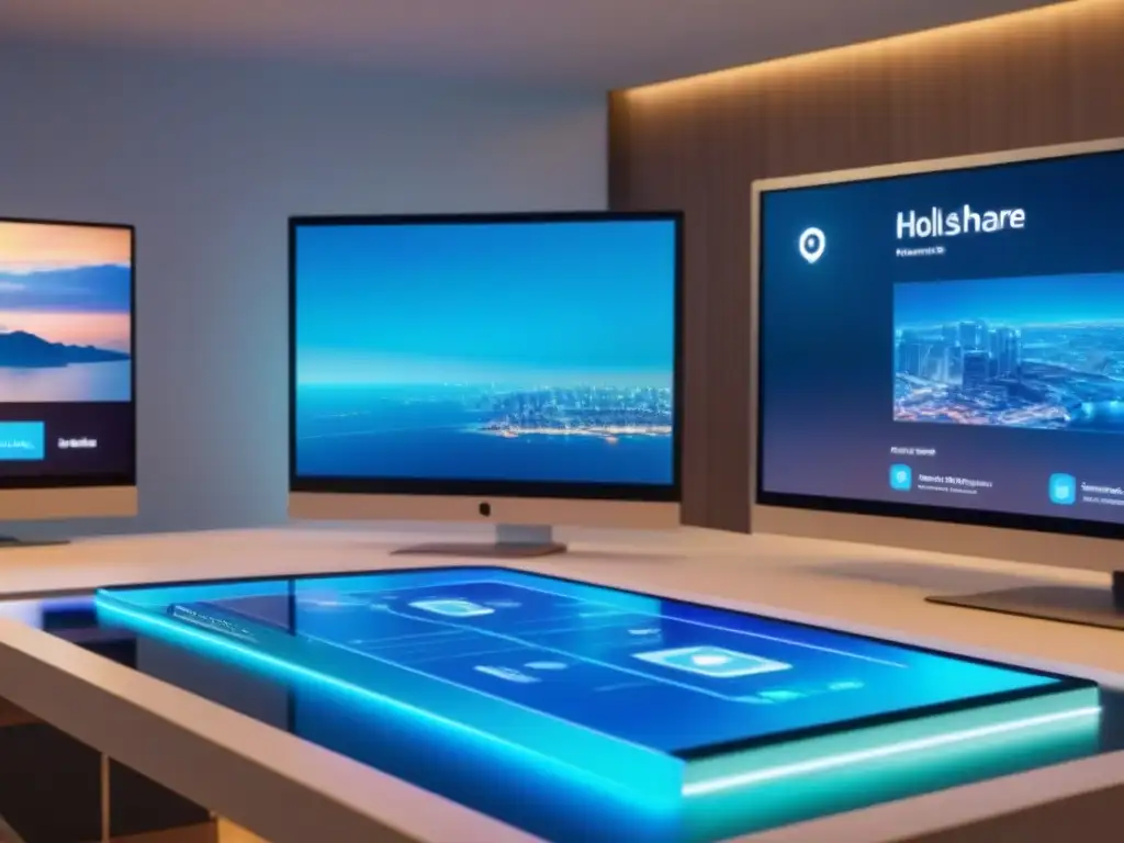 Mercado digital del futuro: real estate y tecnología 8k Profesionales debaten el Impacto Revolución Digital en mercado inmobiliario, rodeados de tecnología futurista