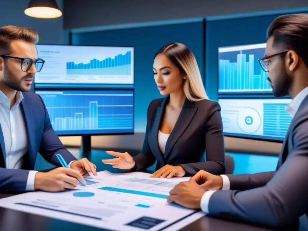 Profesionales en due diligence inmobiliaria en oficina high-tech Profesionales realizando Due Diligence inmobiliaria principiantes en una oficina tecnológica y sofisticada