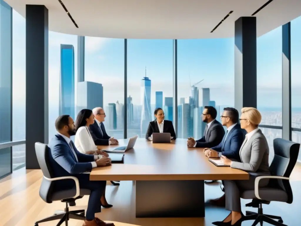 Profesionales debatiendo en oficina moderna Profesionales debaten regulación inmobiliaria en economías en transición