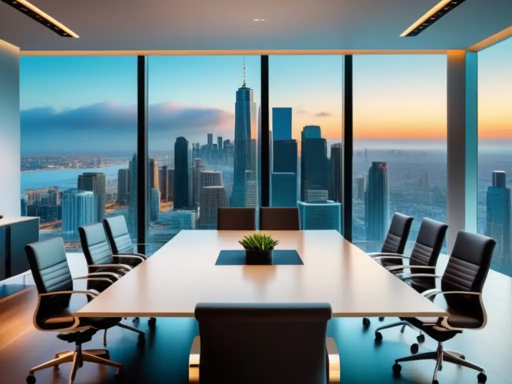 Oficina ejecutiva de lujo con vista panorámica de la ciudad Profesionales en M&A inmobiliarias debaten estrategias de éxito en lujosa sala de juntas con vista a la ciudad