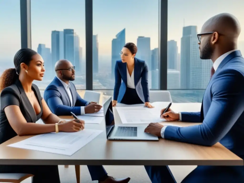 Profesionales en reunión de due diligence en una sala moderna Profesionales inmobiliarios y abogados discuten, rodeados de planos y contratos en una moderna sala con vista a la ciudad