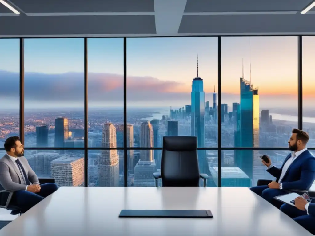 Oficina moderna con vista panorámica y estrategia de crisis digital Profesionales inmobiliarios colaboran en gestión crisis redes sociales
