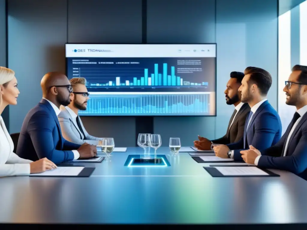 Profesionales inmobiliarios analizan mercado global en oficina futurista Profesionales inmobiliarios analizan datos de investigación mercado bienes raíces internacionales en moderna oficina futurista