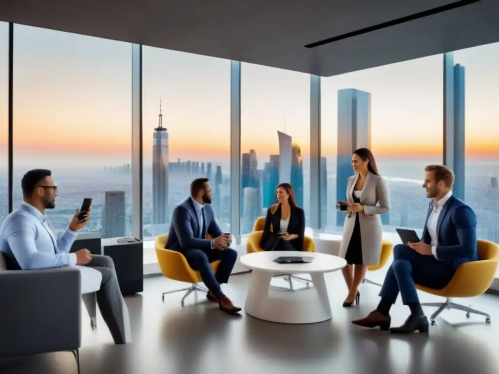 Oficina moderna en ciudad internacional: networking global Profesionales inmobiliarios globales conectando en una oficina moderna con vista a la ciudad