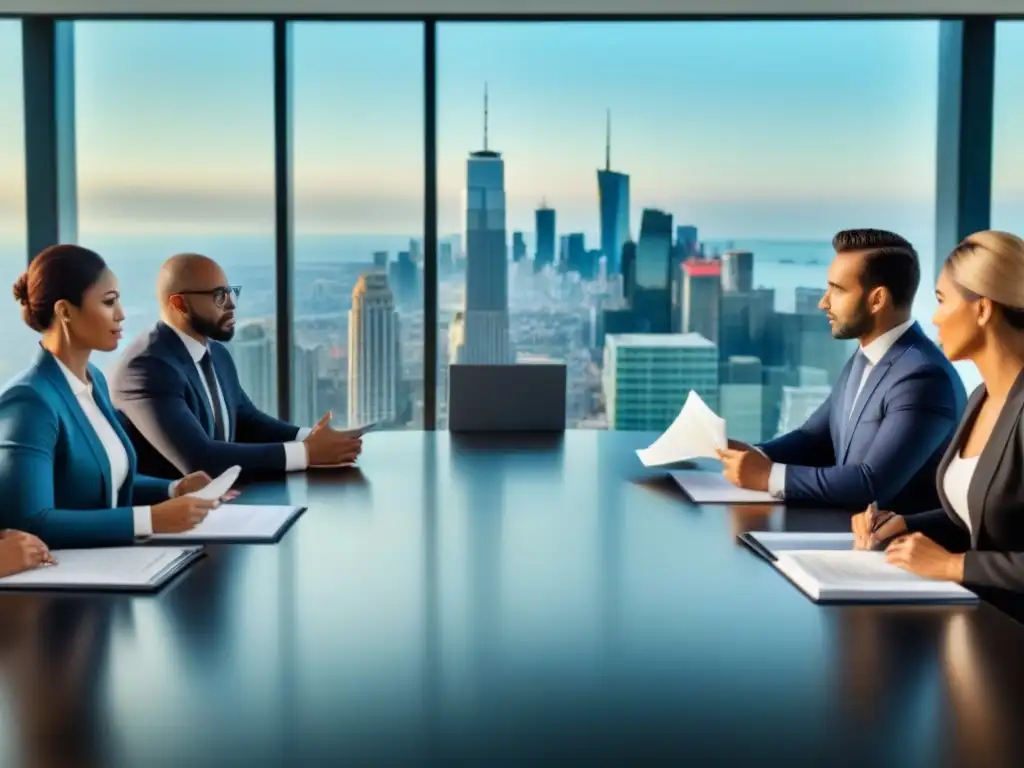 Negociación inmobiliaria internacional en sala de juntas moderna Profesionales inmobiliarios en negociación estratégica internacional en una moderna sala de juntas