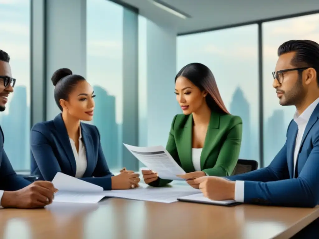 Profesionales inmobiliarios debaten regulaciones en oficina moderna Profesionales inmobiliarios revisan regulaciones en oficina moderna