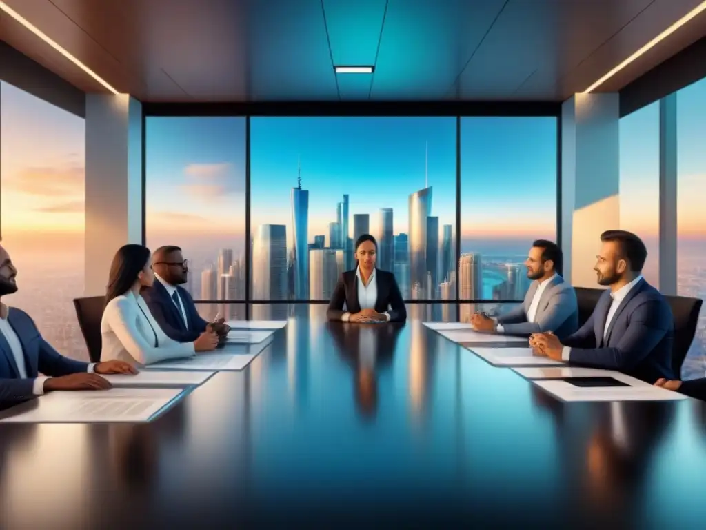 Profesionales globales en reunión virtual: real estate diverso Profesionales inmobiliarios en reunión virtual con tecnología holográfica en moderna sala de juntas