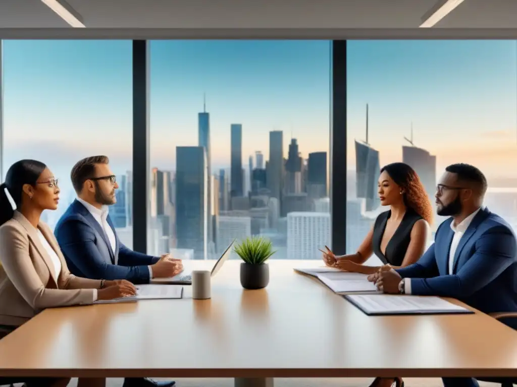 Profesionales innovadores en sesión de brainstorming sobre reventa de multipropiedad Profesionales innovadores en reunión estratégica sobre reventa tiempo compartido en oficina moderna