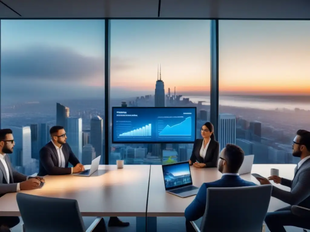 Innovación en inversión inmobiliaria: grupo diverso de profesionales en sesión de brainstorming con tecnología futurista y gráficos Profesionales innovadores en sesión de brainstorming, rodeados de tecnología futurista y gráficos sobre inversiones inmobiliarias