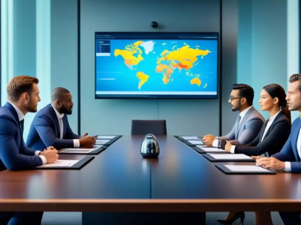 Profesionales internacionales en reunión estratégica de negocios Profesionales internacionales preparándose para cambios en regulación fiscal internacional en una sala de juntas moderna y tecnológica