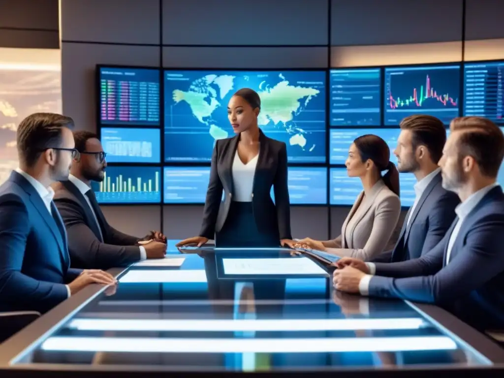 Profesionales internacionales debatiendo regulaciones fiscales en sala futurista Profesionales internacionales preparándose para cambios en regulación fiscal internacional en un moderno y futurista salón de reuniones