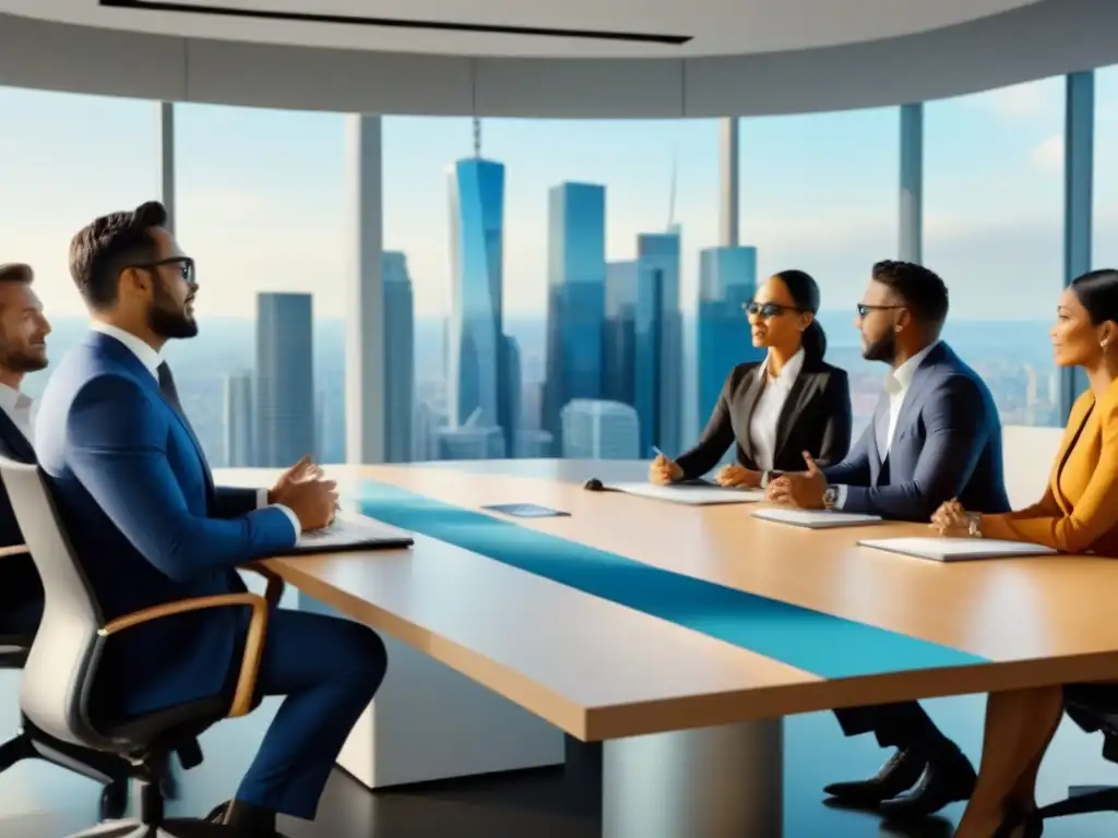 Profesionales globales en reunión estratégica en oficina moderna Profesionales internacionales debatiendo sobre inversión inmobiliaria en una moderna oficina