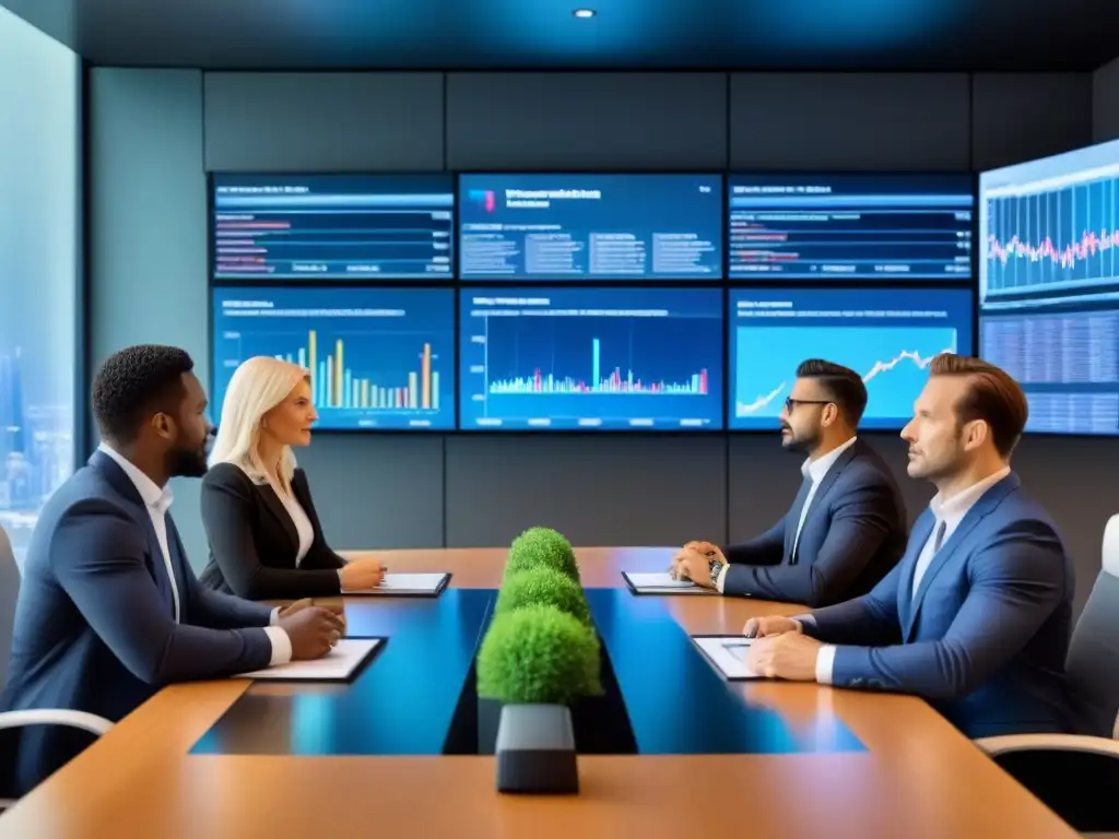 Ejecutivos globales debaten M&A inmobiliario Profesionales internacionales discuten regulaciones M&A en moderna sala de juntas, rodeados de datos de mercado