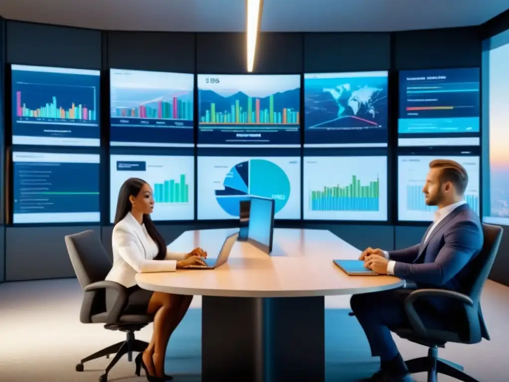 Profesionales globales en sala de juntas diseñada con alta tecnología Profesionales internacionales en sala de juntas moderna, estrategias M&A para inversión inmobiliaria global