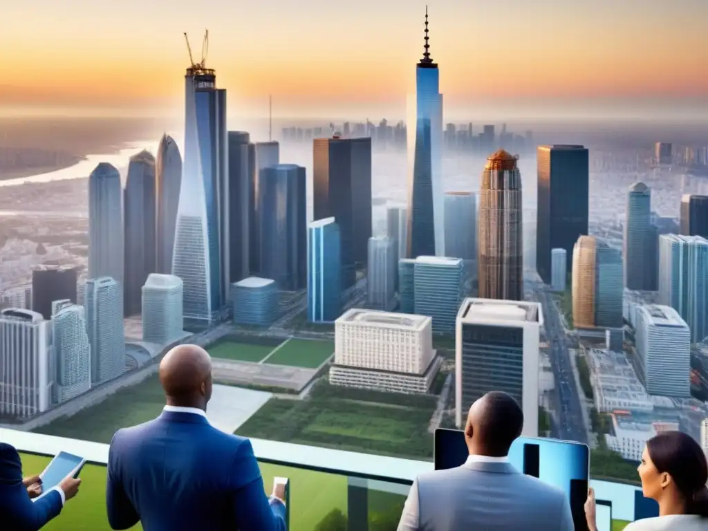 Vista panorámica: Profesionales dinámicos en la ciudad Profesionales colaborando en la inversión inmobiliaria internacional, con una vista panorámica de la ciudad al atardecer