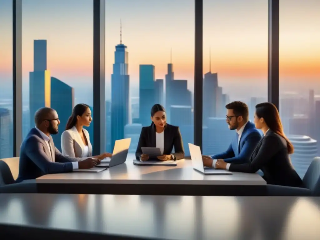 Profesionales debaten inversión inmobiliaria en mercados emergentes Profesionales colaboran en inversión inmobiliaria en mercados emergentes, rodeados de documentos y tecnología en moderna sala de reuniones al atardecer