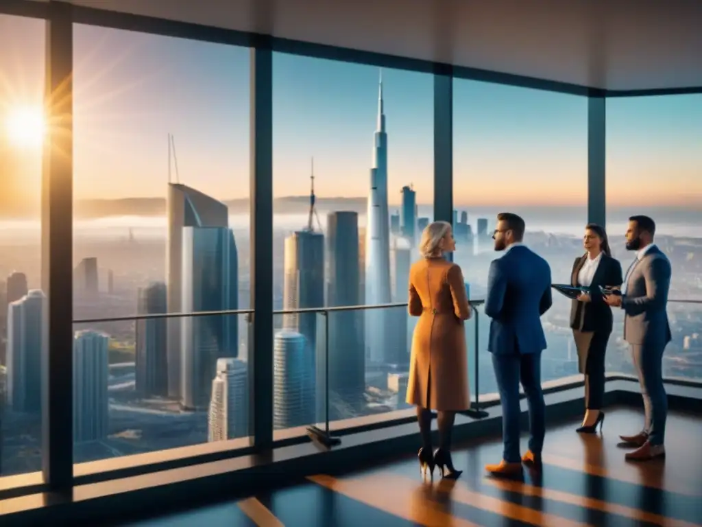 Edificio de lujo con inversores de criptomonedas Profesionales debatiendo inversiones inmobiliarias con criptomonedas en lujoso complejo urbano