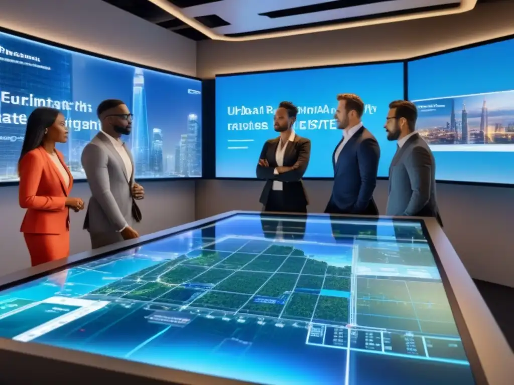 Planificación inmobiliaria futurista: colaboración innovadora Profesionales discuten inversiones inmobiliarias migración internacional en maqueta holográfica futurista