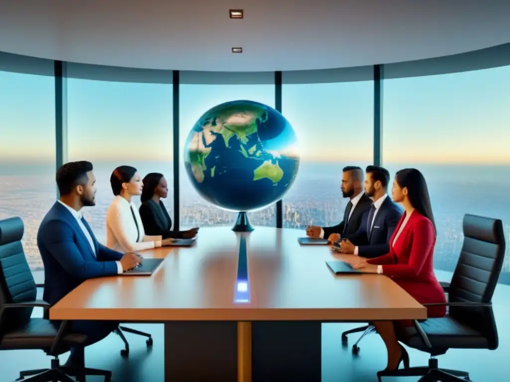 Profesionales multiculturales en reunión global de inversión inmobiliaria Profesionales en colaboración discuten ética en inversiones inmobiliarias internacionales