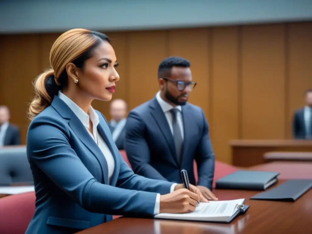 Abogados internacionales en sala de juicio Profesionales legales discutiendo sobre inversiones internacionales en bienes raíces en una sala de audiencias moderna