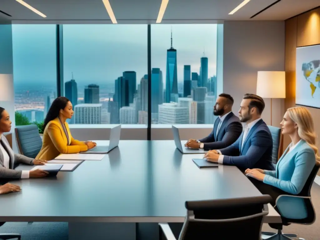 Profesionales discuten estrategias de reventa de tiempos compartidos en moderna oficina Profesionales discuten leyes reventa tiempo compartido internacional en moderna oficina